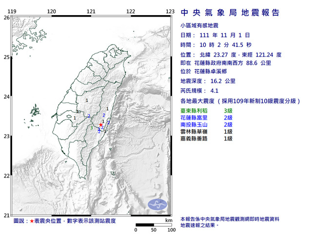 花蓮卓溪地震規模4.1 最大震度台東3級 | 華視新聞