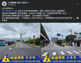 新北新海橋、大漢橋銑鋪 11/8、11/9夜封閉改道