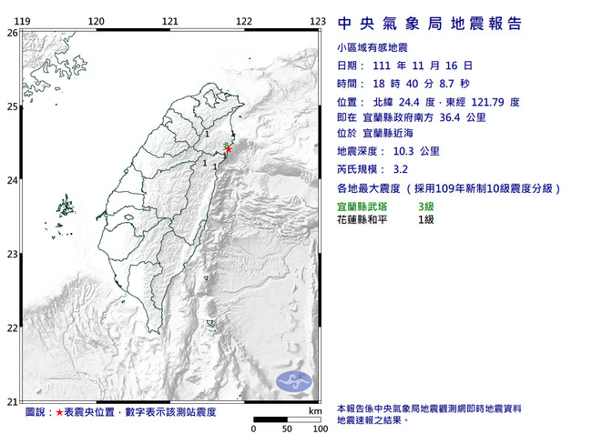 宜蘭縣近海地震規模3.2  最大震度3級 | 華視新聞