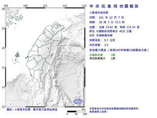 花蓮縣萬榮規模3.5地震  最大震度3級