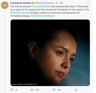 伊朗影后聲援艾米尼之死抗爭被捕 坎城影展譴責