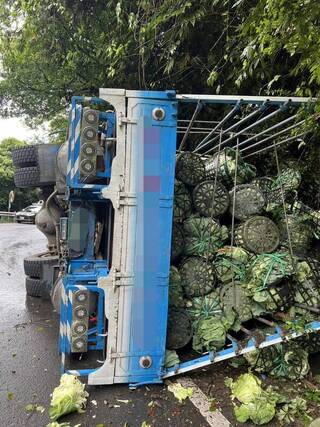 疑精神不濟天雨路滑  大貨車合歡山撞壁翻車
