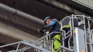 小貓困20公尺高架橋  基隆消防出動雲梯車救援