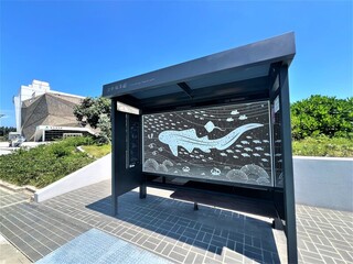 台中海洋館前豹紋鯊候車亭　長長身影蜿蜒吸睛