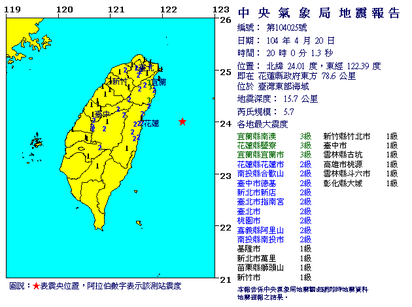 震不停!! 20:00東部海域發生5.7地震 | 