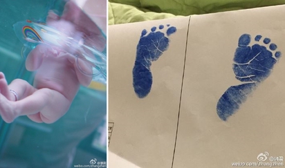 享受換尿布的好爸爸 張震再曬萌照 | 左.張震愛女第一次下水；右.出生時的腳印