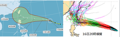 天鵝會不會侵台 | 圖為氣象局17日2時發布的路徑潛勢預測圖,「天鵝」颱風前3日向西北西朝巴士海峽前進,不確定性範圍小(紅框),路徑是穩定的,第4、5日進入導引氣流複雜地區,開始轉向,不確定性範圍擴大(紅框),意謂從台灣東側北上或直接侵襲台灣的機率都是存在的,目前是無法鑑別其間的高低。右圖歐洲中期預報中心(ECMWF)的系集預報也顯示前3日穩定朝巴士海峽前進,第4、5日進入路徑分歧區,從台灣東側北上或直接侵襲台灣的機率都是存在的。預報資料將會顯示得逐漸清楚,尤其待週三之後。
