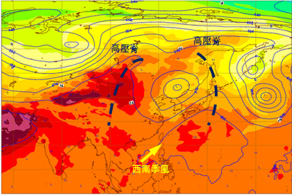 降雨何時停? | 圖: 8月27日20時歐洲中期預報中心的分析圖顯示，東亞地區有兩道高壓脊(藍虛線)分別通過裏海及庫頁島，呈東西對峙狀，使得大氣環流變化相當緩慢。從南海延伸通過台灣的「季風低壓」，源源不絕的輸送水氣，帶來不穩定的天氣。根據最新的預測資料，要待下週二(9月1日)「太平洋高壓」增強,，向西伸展而改變大氣型態，「季風低壓」的影響才可望結束。
