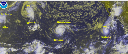 四颱共舞太平洋 | 圖1: 東太平洋熱帶氣旋依舊活躍，其第14號熱帶風暴(TS相當於輕颱)Kelvin昨(3)日形成，4日4時紅外線衛星圖顯示:太平洋擠了4個熱帶氣旋(2輕度2中度)，這罕見嗎?不見得!因為過去曾經有4個以上熱帶氣旋同時存在的。而只有在8月30日、31日這兩天，3個氣旋同時是「4級颶風」(強烈颱風)才稱得上史上罕見。