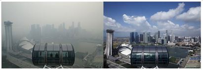 煙霾中的大選 | 左. 前幾天新加坡受煙霾籠罩.空汙嚴重.能見度不佳；右.則為正常狀況下的景象.