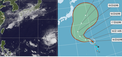 科羅旺颱風形成 | 圖: 16日4時紅外線衛星圖(左圖)顯示，「科羅旺」在關島東北方海面，它是在2時被命名，為今年第20號颱風。雖然是「超級聖嬰年」，但關島附近至南海皆非「聖嬰現象」高海溫的區域，在其中發展的颱風未必都都能達中颱以上，甚至於更偏弱，像重創日本的「艾陶」、襲越的「梵高」(19號)皆是弱的輕颱。「科羅旺」將會緩慢增強，但是否能增強至中颱值得觀察。至於其未來的行徑(右圖)，氣象局的路徑潛勢預測圖顯示，受導引氣流影響，先向西北前進，逐漸轉北、再轉向東北，呈現迴轉的路徑。離陸地皆有段距離，既不襲日、更不侵台。