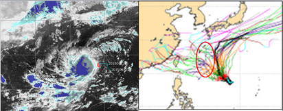 杜鵑亂中秋? | 左圖: 23日6時紅外線衛星圖雲圖顯示「杜鵑」高低層分離，紅”L”為低層中心，雲系偏在西側，結構不佳，強度偏弱。雖然日本已經將其命名，美國認為尚未達「輕颱」的強度。 右圖: 歐洲中期預報中心(ECMWF)的「系集預報圖」顯示，「杜鵑」未來的路徑是很分歧的，有一大部分的路徑是在26日、27日逐漸進入西風帶而轉向向東北，另外也有一部分路徑無法穿越高壓反被高壓的東風導向偏西行進。為今之計只有持續觀察。