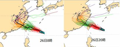 杜鵑會不會登陸? | 圖:新的歐洲中期預報中心的系集預報(右圖)顯示，51次的路徑模擬，又較前一次模擬(左圖)更集中一些。另外也可觀察到中心通過台灣的路徑數目，已多過北部海面，也代表其間機率的變化。圖中粗黑線為高解析度模式的模擬結果，顯示出其在抵達台灣之前，模擬的路徑有先略向北偏再南偏的現象，代表電腦模式已模擬出颱風與地形的交互作用，而產生扭曲的路徑，但其幅度的大小是需要仔細觀察的。