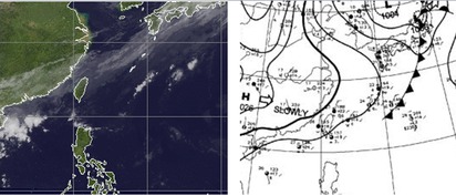 【老大洩天機】天高氣爽好個秋 | 圖:11日8時地面分析圖(右)顯示，地面鋒面已遠離，高壓邊緣在台灣。8時紅外線衛星圖(左)顯示鋒面的中高層雲系仍在台灣上空，水氣量雖不多，但在清晨下了些雨，白天雨停了，雲量還是很多。晚上起乾空氣繼續南下，中高層雲系通過後各地雲量也會逐漸消散。