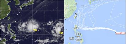 【老大洩天機】雙颱將形成又如何？ | 圖：13日8時紅外線衛星(左)圖顯示，關島附近熱帶性低氣壓，環境垂直風切大，低層環流與對流雲系位置並不一致。另一熱帶性低氣壓在其東側約2千公里，隨後也可能形成颱風。右圖為英國氣象局(UKMO)的12日20時電腦系集模擬，顯示颱風受太平洋高壓的導引，向菲律賓接近，進入轉向位置，有些較早北轉，有些較晚則影響到台灣，不確定性很大，需要持續觀察。