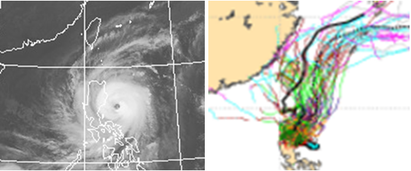 巨爵將何去何從? | 左圖：，17日17時紅外線衛星圖顯示「巨爵」颱風眼清晰可見，已接近強颱的強度，預計明(18)日登陸呂宋島，強度將迅速減弱。 右圖：歐洲中期預報中心(ECMWF)17日8時系集模擬，「巨爵」將在呂宋島影響2天以上再往北緩慢移動「不確定性」依舊很大，路徑包括在台灣東側、在台灣登陸、及在台灣西側的機率都存在，需要再持續觀察。
