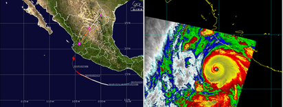 又見史上最強風暴? | 左圖：美國颶風中心(NHC)發布的最新(24日2時)資料，派崔西亞(Patricia)第5級颶風，即將登陸墨西哥。根據衛星及飛機觀測資料，估計其中心最大平均風速達175浬/時，是今年各大洋最強的風暴。右圖：23日18時衛星圖顯示，派崔西亞颶風在登陸前的結構紮實，中心清晰可見。其估計之強度甚於海燕(2013)的170浬/時，與狄普(1979)的強度則在伯仲之間，挑戰「史上最強」風暴的封號。