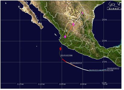 【老大洩天機】史上最強派崔西亞？ | 圖：美國颶風中心(NHC)24日2時資料，當時派崔西亞(Patricia)為第5級颶風，且即將登陸墨西哥。根據衛星及飛機觀測資料，估計其中心最大平均風速達175浬/時(324公里/時)。由於其移速快，加上墨西哥多山的地形，使得其在登陸21小時後，減弱為「熱帶性低氣壓」，也大幅減小了其所帶來的災害。