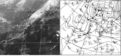 為何週休老變天？ | 圖：27日2時紅外線衛星圖(右)及26日20時地面分析圖(左)顯示，冷鋒由大陸東北向西南延伸，長江口雲系發展較弱，配合地面低壓槽線(虛線)，大陸高壓(H)緊隨在後，明(28)日將通過東海北部，給台灣帶來一股弱的東北風。