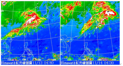 【老大洩天機】下週留意秋老虎及空汙 | 圖：今(14日)晨與昨晨紅外線色調強化衛星雲圖比較，顯示出華南東移的鋒面雲系強度減弱，範圍縮小，其尾端將掠過北台灣帶來一些零星降雨。但主要的降雨機制是東北風與地形交互作用在迎風面產生的雲雨，發展高度較低(雲頂溫度暖)，在紅外線雲圖上常不明顯，需要再進一步觀察可見光雲圖(白天)及雷達回波圖。