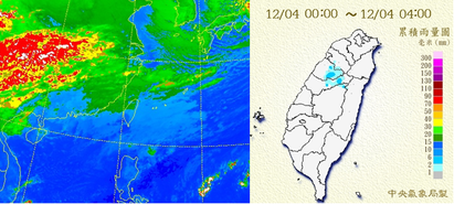 未來一週多雨 | 圖：4日4時紅外線衛星圖(左圖)顯示，中、低層雲系仍遮蔽北台灣，阻斷了長波輻射冷卻的作用，使得最低氣溫停止在15、16度。而這些雲層雲底約2千公尺雲頂約4千多公尺，含水量不多，降下的小雨未達地面大都已蒸發消失，能觀測到的量很小，僅有山區比較明顯一些(右圖)。