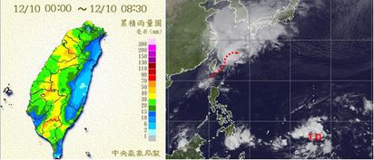 【老大洩天機】降雨有助石門 | 左圖：今(10日)晨至8時30分之累積雨量顯示，各地皆有降雨，西半部較東半部多。右圖：10日8時紅外線衛星圖顯示，鋒面伴隨之強對流雲系，已移至台灣的東方海面，台灣附近尚有些殘餘雲系。關島南方海面之熱帶性低氣壓結構仍鬆散，還要蘊釀一段時間才會形成颱風。