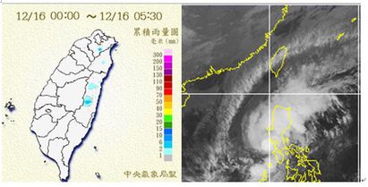 【老大洩天機】低溫特報挾空汙 | 左圖：今(16日)晨台灣的累積雨量顯示，只有在迎風面的山區有非常零星少量的降雨。右圖：今(16日)5時30分紅外線衛星圖顯示，台灣上空有南海北上的高空卷雲，並不影響天氣，東北季風在迎風面產生低層雲，但含水量低降水並不明顯。