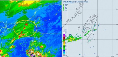 【老大洩天機】又見乍暖還寒時 | 左圖：今(20日)晨5時40分紅外線衛星圖顯示，南海有中高層雲系向東北東移動，雲頂高度大約4至6千公尺高，逐漸接近台灣附近，將帶來較多的中高層雲。右圖：同時的雷達回波合成圖顯示，這些中高雲回波強度很弱，代表其所含雨滴小，低層大氣乾燥穩定，受到蒸發作用，雨滴能降至地面的已經很少量了。