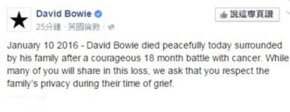 搖滾巨星隕歿! 大衛鮑伊病逝享壽69歲 | 大衛鮑伊官方臉書上公布他去世消息