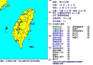 最新! 12:52東部地震規模5.3 台東4級