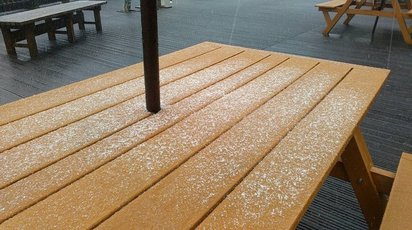 宜蘭太平山下雪了! 霸王寒流第一場 | 桌上明顯可見冰霰。