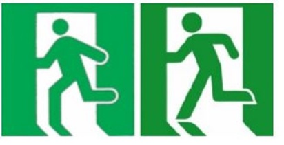全球通用的「緊急出口」標誌 用綠色的原因是.. | （左）是1972年小谷松敏文設計.（右）1987年太田幸夫修改.