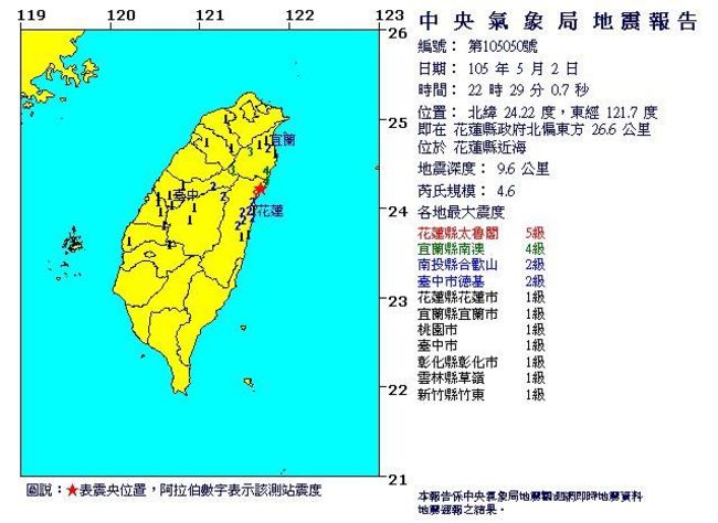 22：29花蓮近海規模4.6地震 最大震度5級 | 華視新聞