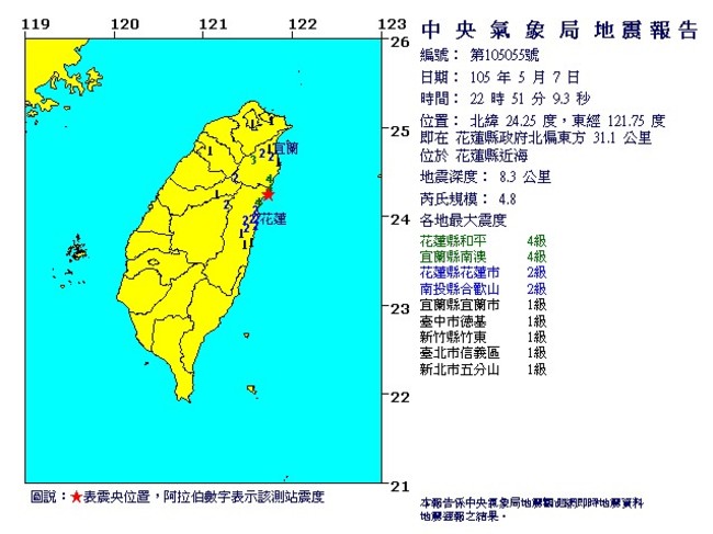 22:51花蓮規模4.8地震 最大震度4級 | 華視新聞