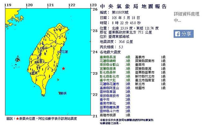 有感! 08:22東部海域規模5.3地震 最大震度4級 | 華視新聞