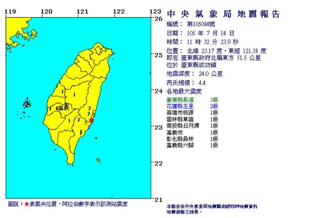 11:32分台東規模4.4地震 最大震度長濱3級 | 華視新聞