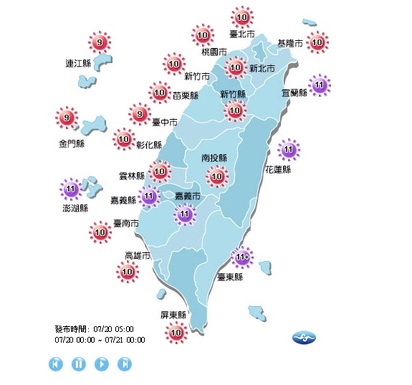 【華視搶先報】今台北高溫37度 6縣市紫外線達危險級 | 今日紫外線指數6縣市達危險級。(翻攝中央氣象局)