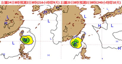 又有颱風? 吳德榮教你該怎麼看! | 圖：模式大幅修正，原模擬8月2日8時颱風在東沙島附近(右圖)，新模擬則調整到台灣東南側(左圖)。顯示岀一週後台灣附近有颱風活動的機率很高，談帶來什麼影響？言之過早！模式會不斷調整的。
