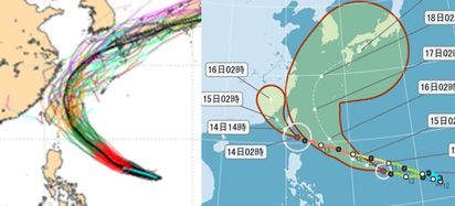 颱風馬勒卡轉中颱 17日最接近台灣 | 左圖為馬勒卡51次的系集預測，右圖為路徑潛勢預測圖。