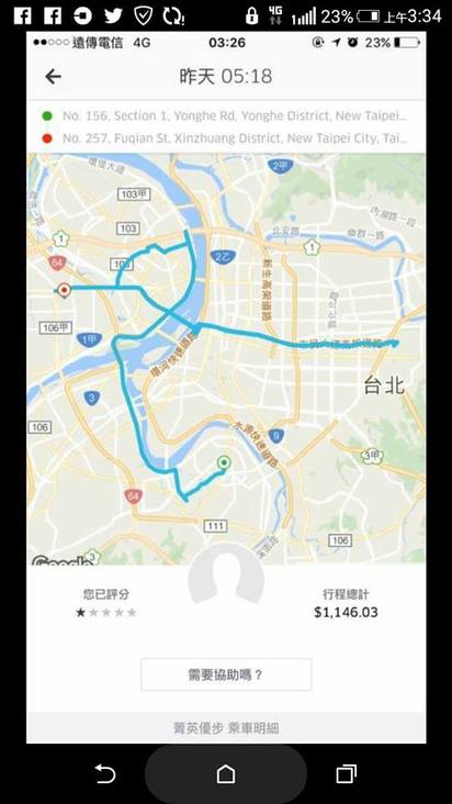 搭Uber睡著 永和到三重車資1千多?! | 網友公開Uber 行車紀錄(翻攝爆料公社)