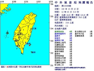最新! 12:45分台東地震 規模5.2