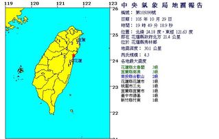 19：49花蓮秀林規模4.3地震 最大震度3級