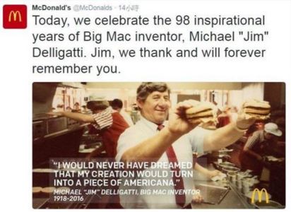麥當勞傳奇人物!  98歲"大麥克"之父過世 | 麥當勞推特發文悼念。(翻攝McDonald's 推特)