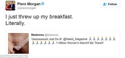 58歲瑪丹娜IG露恥毛 "早餐都吐出來了"! | CNN主持人摩根轉貼娜姊的照片說「我剛剛把早餐都吐出來了，真心不騙！」(翻攝推特)