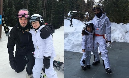 【影】貝克漢全家加拿大滑雪 布魯克林摔斷鎖骨 | 小女兒哈珀穿著一身白。