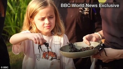 裘莉柬埔寨煮蟲蟲餐 大讚蜘蛛與蠍子好吃 | 裘莉的龍鳳胎女兒拿起蟲子