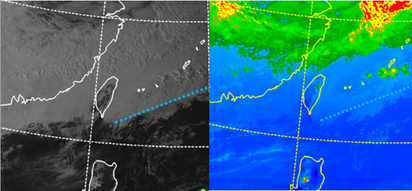 冷氣團水氣多"特別濕冷" 整天低溫探11度 | 昨(23)日16時可見光(左圖)及紅外線色調強化(右圖)雲圖顯示，地面鋒面已南下至台灣東南方海面(藍虛線) ，鋒面北側台灣附近雲層，由可見光看來平滑，大都是層狀雲，紅外線呈淺藍則代表雲頂也不高。更北側北部海面的雲層，可見光可觀察到紋路、陰影，紅外線呈綠色顯示雲頂較高，是為雨層雲、降雨強度較層狀雲強，但不如對流雲。