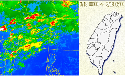 今白天好天氣高溫29度 晚間起北台灣轉雨 | 左圖：今(18)日5時紅外線衛星雲圖顯示，台灣上空有些零散的高層雲及卷層雲，是昨天白天在中南半島發展的對流雲，消散後殘餘的雲系，被高空氣流吹送過來的，其含水量少，僅會稍微遮蔽陽光，並無降雨。 右圖：今(18)日5時日累積雨量圖顯示，除了東半部有非常零星、少量的地形性降雨，中、高層雲並未帶來降雨。