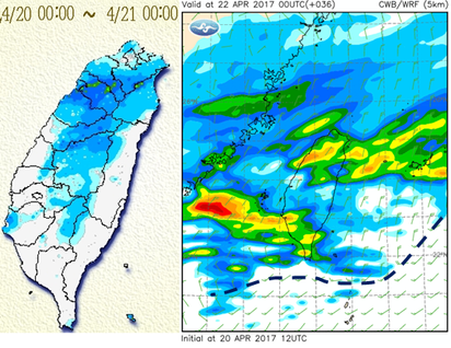 鋒面通過全台防大雨! 北部晚間降至19度 | 左圖：昨(20日)日累積雨量圖示，台灣位於鋒前暖氣團內，天氣不穩定，有局部性陣雨，北部山區有小範圍的雷雨。 右圖：最新(20日20時)中央氣象局細網格模式(WRF 5km)，類似歐洲中期預報中心(ECMWF)模式的模擬，明(22)日8時鋒面已南移至巴士海峽，為各地帶來陣雨或雷雨。