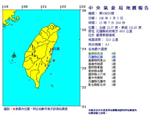 13:07台東外海地震規模4.5 長濱4級紅葉2級